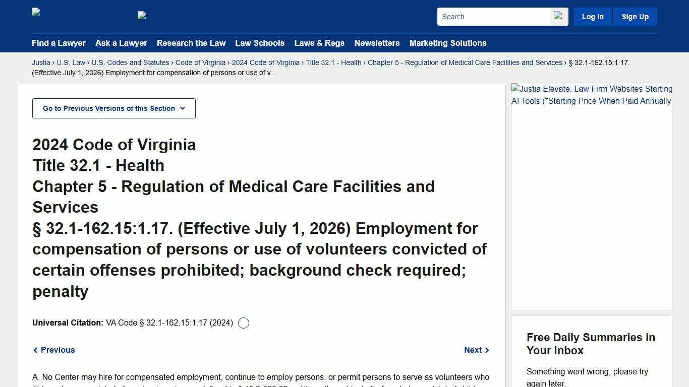 Code of Virginia § 32.1-162.15:1.17 (2024) - (Effective July 1, 2026) Employment for compensation of persons or use of volunteers convicted of certain offenses prohibited; background check required; penalty :: 2024 Code of Virginia :: U.S. Codes and Statutes :: U.S. Law :: Justia